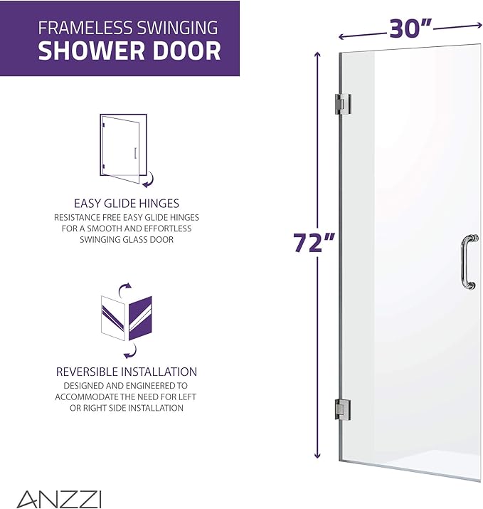 ANZZI 72" x 30" Frameless Shower Door in Brushed Nickel, Water Repellent Glass - Image 4
