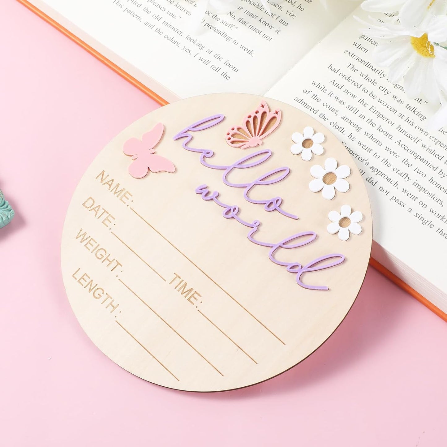 Hello World Newborn Sign, 5.9 Inch Wooden Baby Announcement Sign Pink Butterfly Style Birth Welcome Board for Newborn Boys Girls Photo Props Baby Shower Hospital Nursery (Purple)