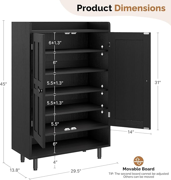 Farmhouse Shoe Cabinet with Doors, 6-Tier Wooden Shoe Organizer with Adjustable - Image 2