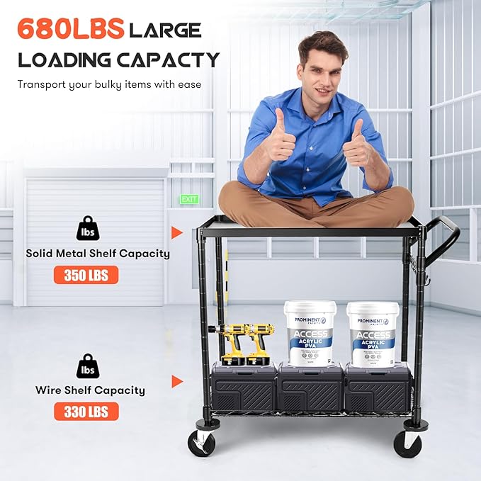 WDT 680Lbs Capacity Heavy Duty Rolling Utility Cart, 2 Tier Rolling Carts - Image 2