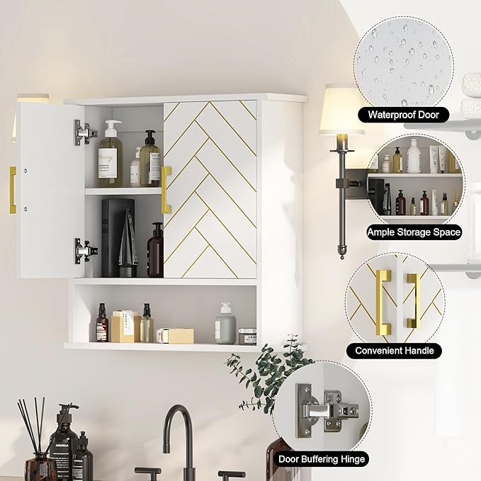 White Chevron Pattern Bathroom Wall Mount Cabinet, Stylish Hanging Medicine - Image 3