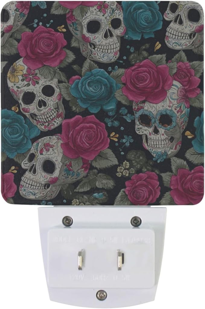 Pigsaly Led Night Light Halloween Sugar Skulls Pink Blue Roses Night Light Plug - Image 2