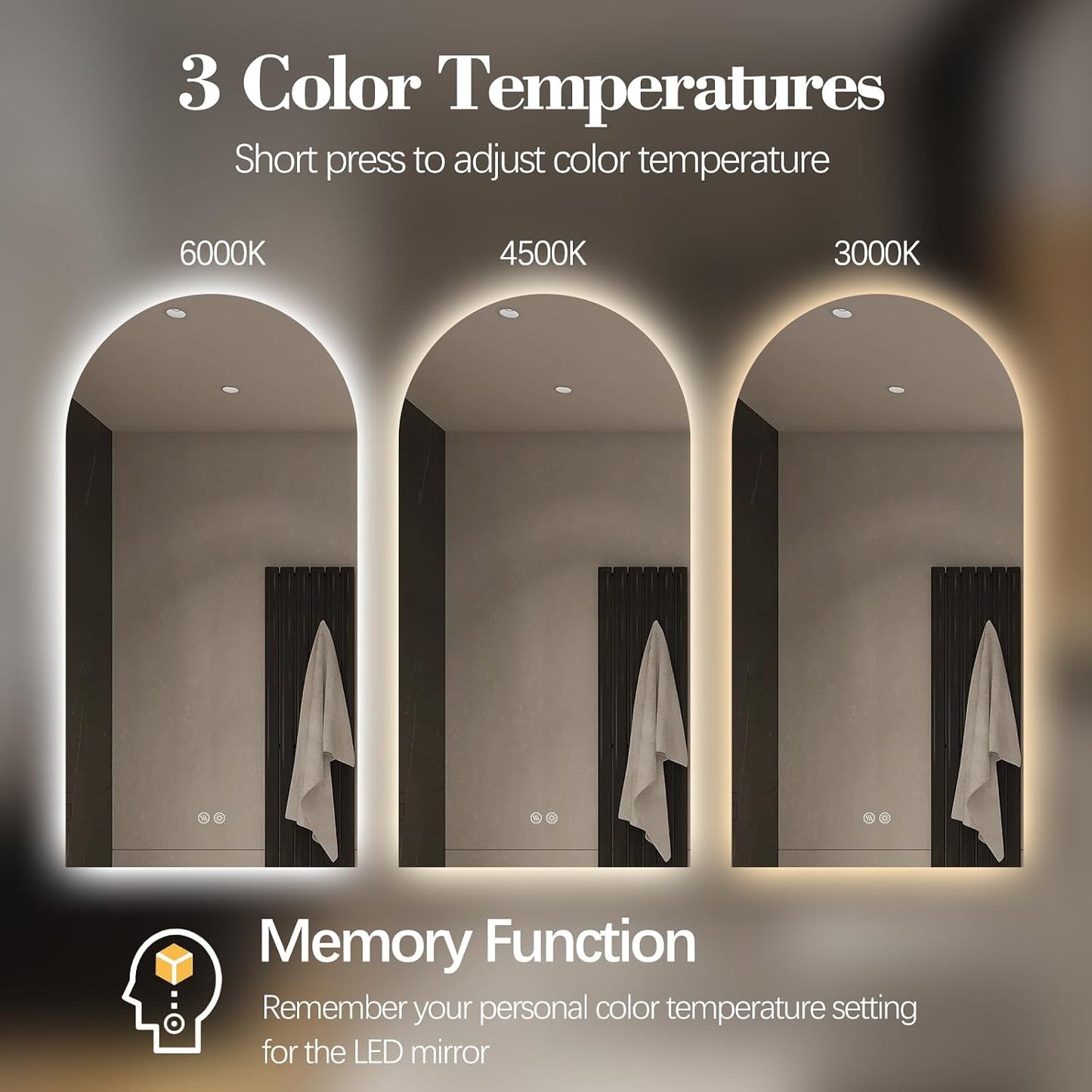 Arched LED Bathroom Mirror, 48"x24" Arch Framless Backlit Mirror with Lights Anti-Fog Dimmable Smart Frameless 3-Color Lighted Vanity Mirror Memory Waterproof, UL Listed, Vertical