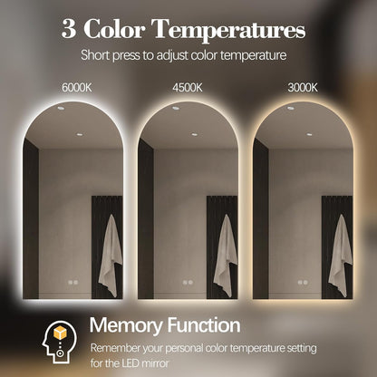 Arched LED Bathroom Mirror, 48"x24" Arch Framless Backlit Mirror with Lights Anti-Fog Dimmable Smart Frameless 3-Color Lighted Vanity Mirror Memory Waterproof, UL Listed, Vertical