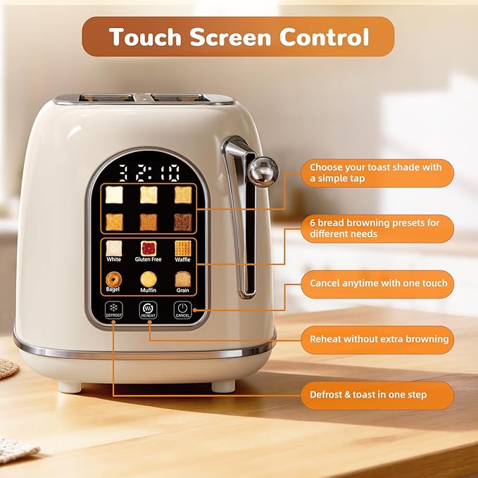 Mecity Toaster 2 Slice, Touch Screen Wide Slot Retro Toaster - Image 2