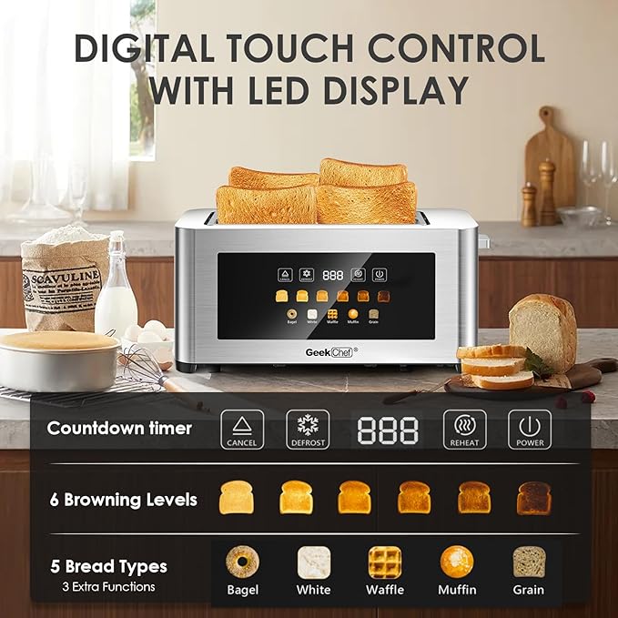 Geek Chef Long Slot Toaster 4 Slice, 1.5" Touch Screen Extra Wide Slots - Image 2