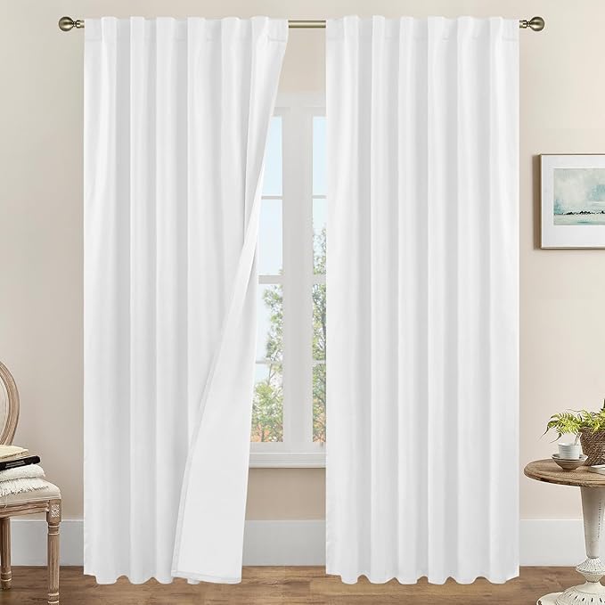 LAMIT 100% Blackout Curtains for Living Room, 95 Inches Linen Textured Thermal by LAMIT