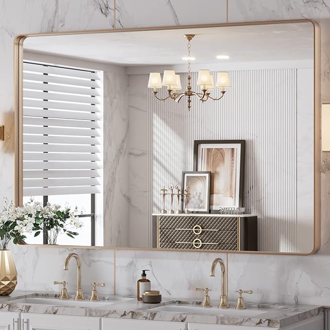 LOAAO 48”X32” Gold Bathroom Mirror, Rounded Rectangle Gold Frame Mirror by LOAAO