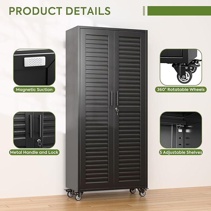 Garage Storage Cabinet with Wheels, Lockable Metal Storage Cabinet with 5 - Image 8