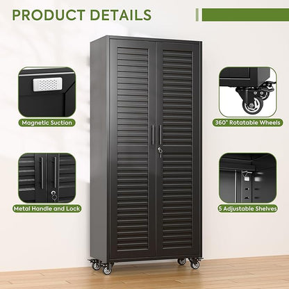 Garage Storage Cabinet with Wheels, Lockable Metal Storage Cabinet with 5 - Image 8