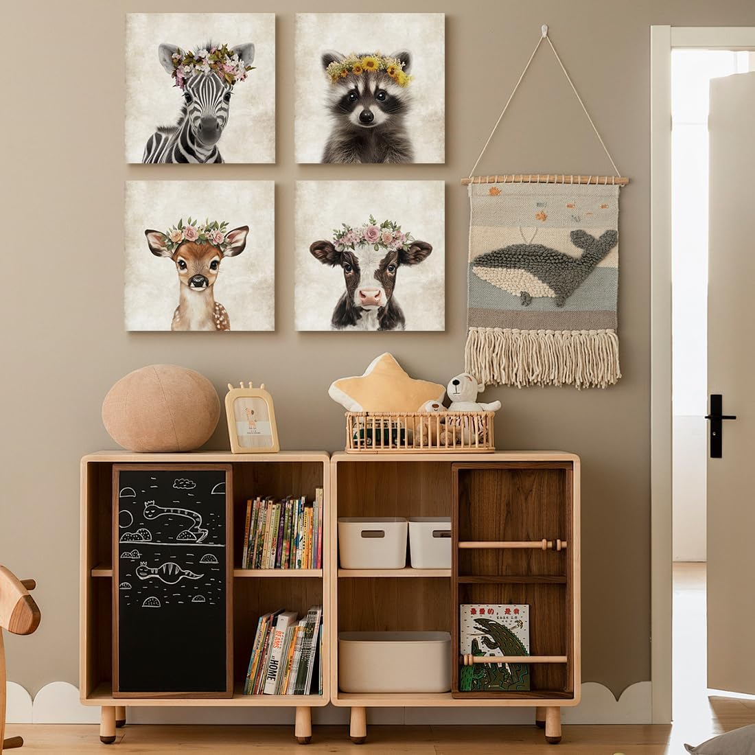 ORIDOMY Cute Deer Wall Art for Baby Nursery Wildlife Deer Wearing Wreath Wall Pictures Vintage Animal Portrait Photo Painting for Farmhouse Bedroom Bathroom Home Office Decor Kids Gifts 12"x12"