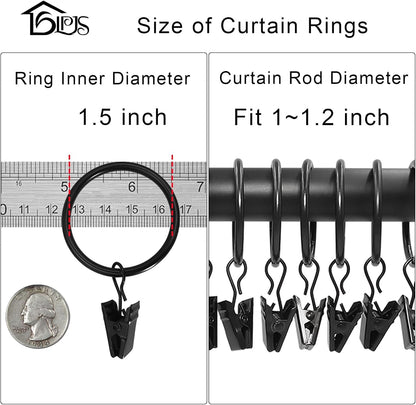 LLPJS 20 Pack Metal Curtain Rings with Clips, Curtain Clip Rings Hooks for Hanging Drapery Drapes Bows, Curtain Rod Rings 1.5 inch Interior Diameter, Black