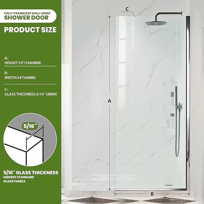 Shower Glass Panel 34" W x 74" H, Fixed Shower Screen - Image 2