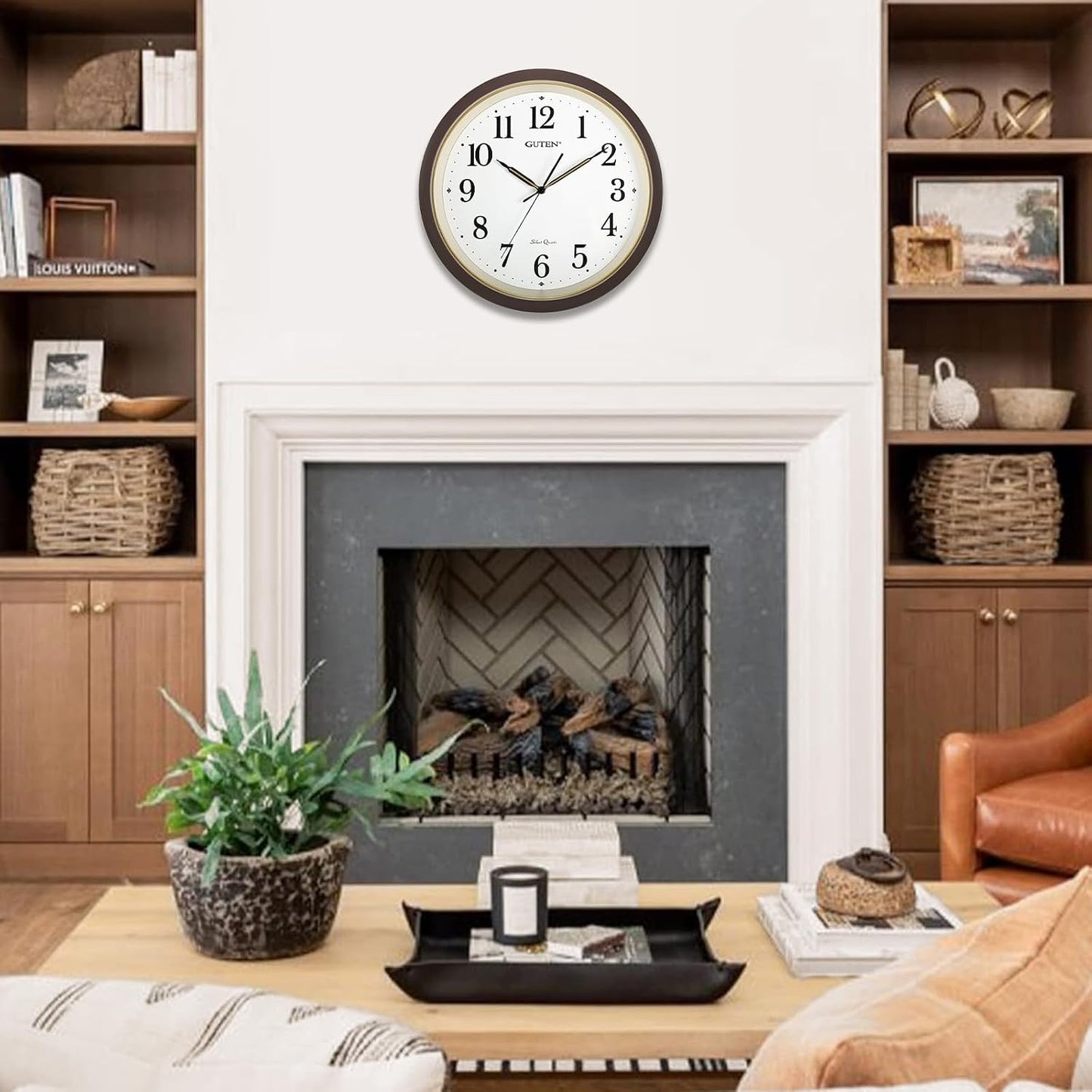 Caysie 16 Inch Large Silent Non Ticking Wall Clock, Quartz Battery Operated, Round Decorative Retro Brown Clock for Living Room, Bedroom, Kitchen, School, Office (Brown)