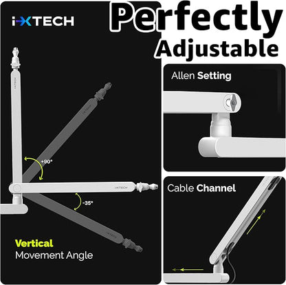 IXTECH White Microphone Boom Arm Stand Low Profile Boom Arm Adjustable Mic Stand - Image 7