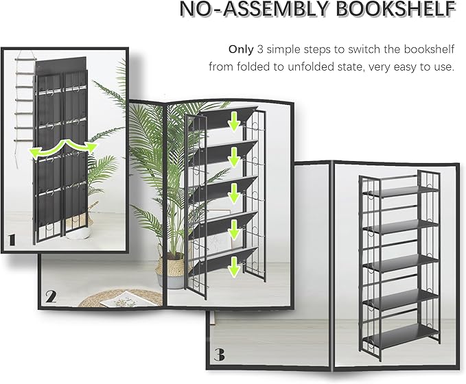 4NM No Assembly 5 Tiers Folding Bookshelf, 59.4" H Foldable Storage Shelves - Image 5