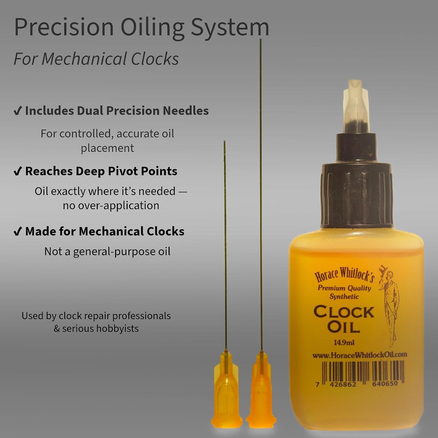 Clock Oil for Mechanical Clocks – Premium Synthetic Formula with Dual Precision Needle Applicator – Horace Whitlock – Won’t Gum or Run – 15ml Bottle