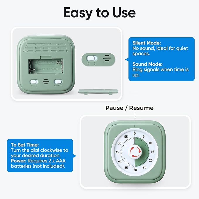 60 Minute Visual Timer for Kids, Silent Countdown Clock, Time Management Tool - Image 4