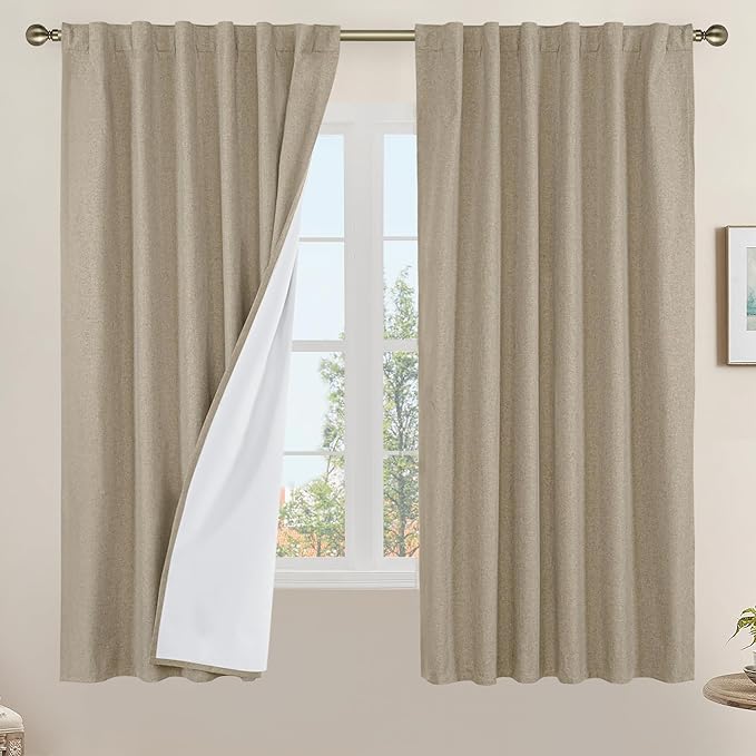 LAMIT 100% Blackout Natural Linen Curtains, 63 Inches Linen Textured Thermal by LAMIT