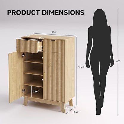 Fluted Shoe Cabinet, 4-Tier Mid Century Modern Narrow Shoe Storage Cabinet - Image 2