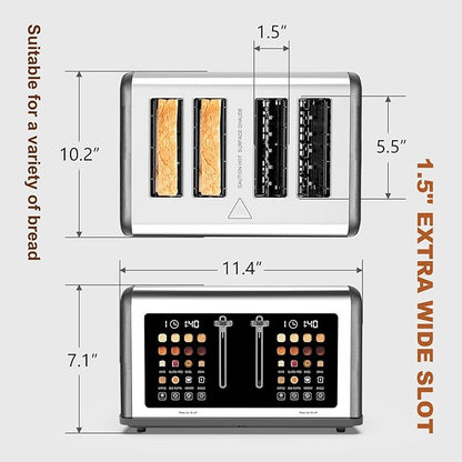 4 Slice Toaster Touch Screen, Stainless Steel Toasters Digital Timer, Dual - Image 3