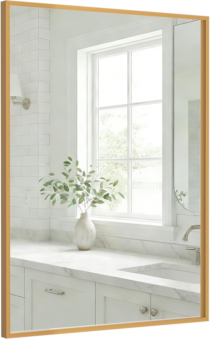 24''x36'' Gold Bathroom Mirror | Antique Brass Deep-Set Recessed Metal Frame | by Pocetry
