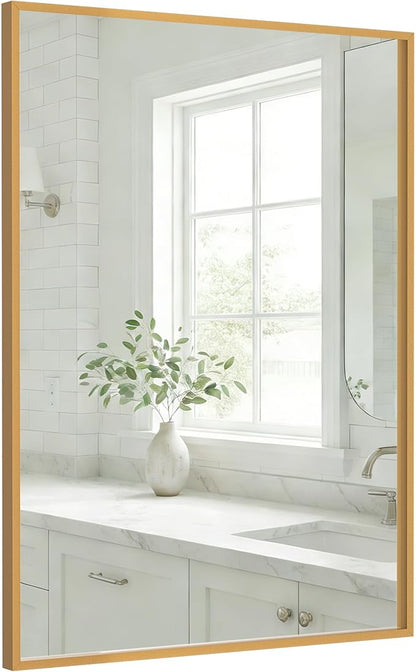 24''x36'' Gold Bathroom Mirror | Antique Brass Deep-Set Recessed Metal Frame | by Pocetry