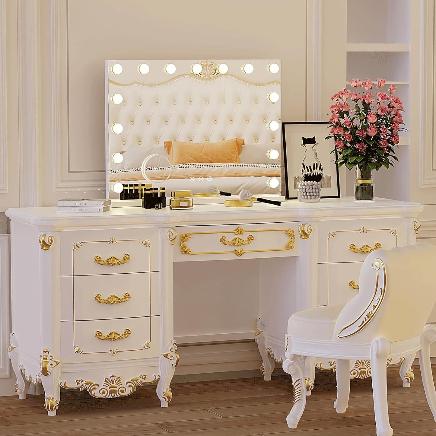 Hollywood Vanity Mirror with Lights, 15 Light Bulbs，3 Color Lights，Make Up Lighted Mirror, Aluminum Metal Frame,USB Charging Port（23" x 18"）