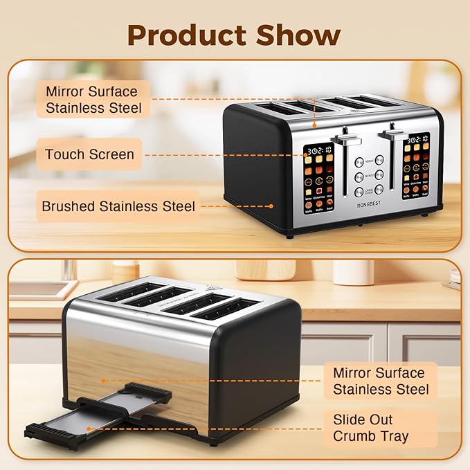 4 Slice Touch Screen Toaster, Easy-to-Use Digital Stainless Steel Toaster - Image 9