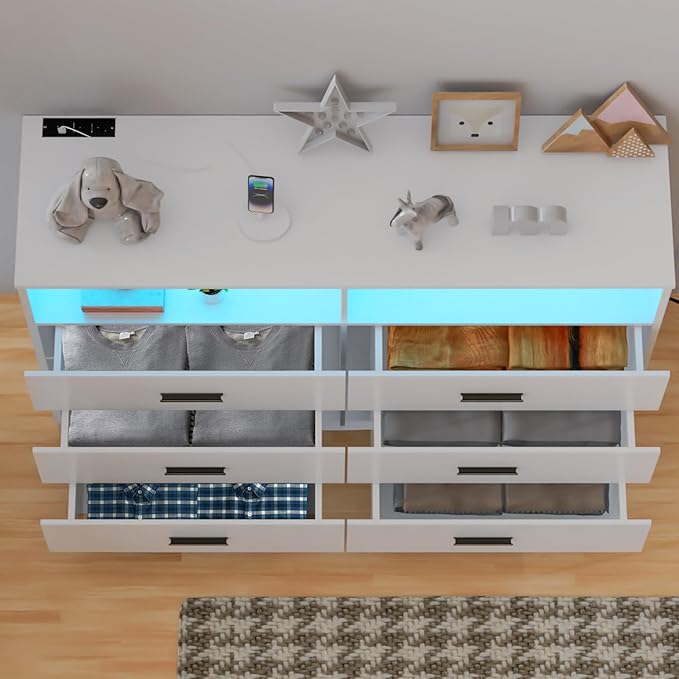 Dresser with Power Outlets and LED Lights Wooden 6 Drawer Dresser with Large - Image 2