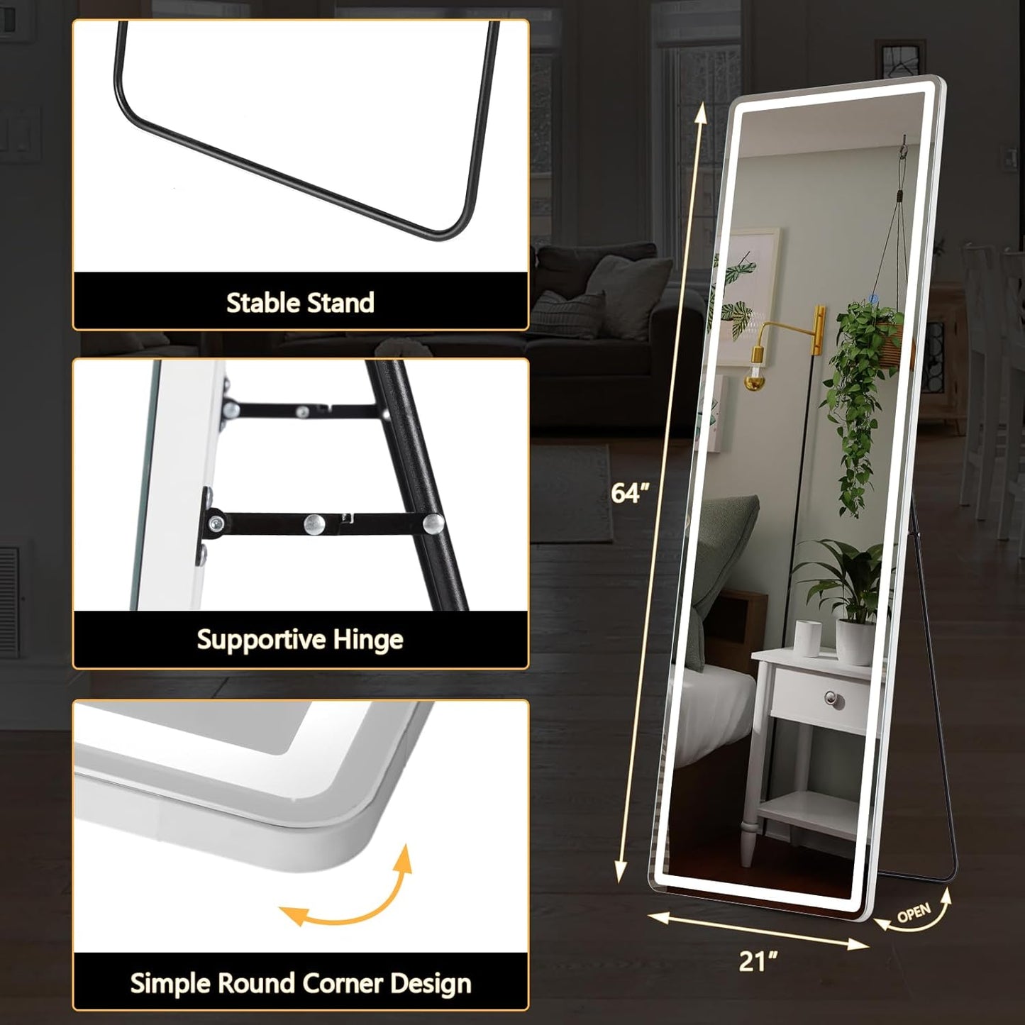 Sweetcrispy Full Length Mirror with LED Lights, 61"x17" Lighted Full Body Floor Mirror with Dimming & 3 Color Lighting, Stand for Bedroom, Dressing Room