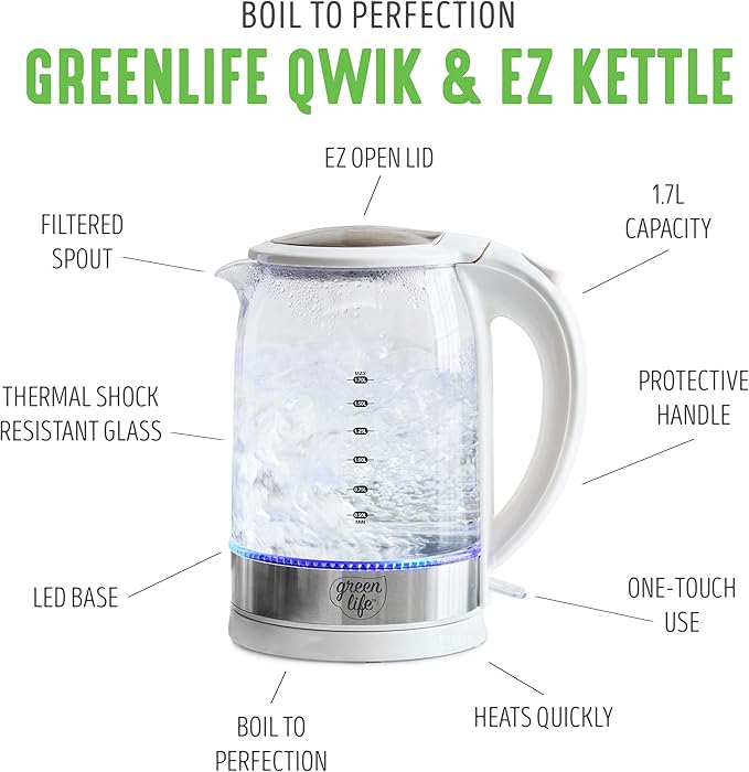 GreenLife 1.7 Liter Glass Electric Kettle, Easy One Touch Use, Quick Heating - Image 3