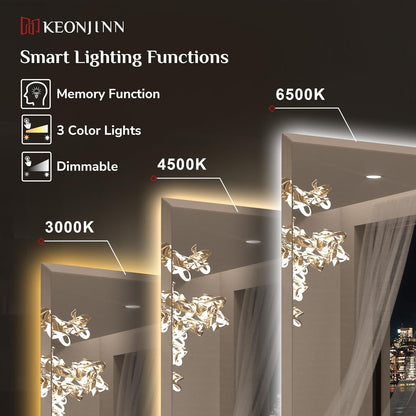 Keonjinn 40"x30" LED Backlit Mirror, Lighted Bathroom Mirrors for Over Sink | Tempered Glass Beveled Edge, Dimmable 3 Color Lights, Defogging, Memory Function, Effortless French Cleat Installation, Salon