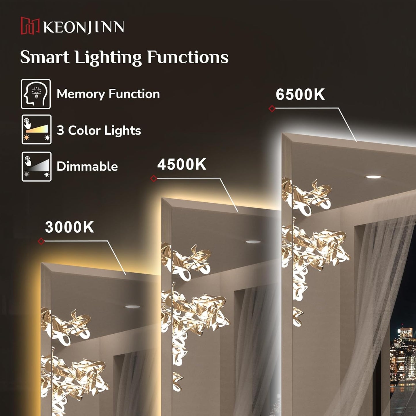 Keonjinn 42" x 36" Backlit Bathroom Mirror with Lights, Safe Tempered Glass | Beveled Edge, 3 Color Lights, Dimmable, Efficient Defogging, French Cleat, Memory Function, Lighted Bathroom Vanity Mirror