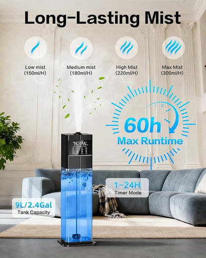 Cool Mist Humidifiers for Large Room, Ultrasonic 2.4Gal 9L Quiet Top-Fill - Image 4
