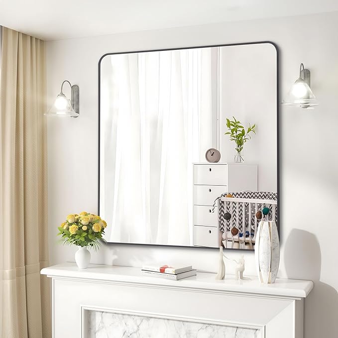 36" x 36"Bathroom Mirror, Matte Black Wall Mirror by DESBING