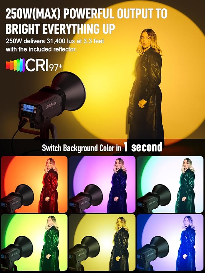 Video Light, COLBOR CL220R RGB 250W Max Continuous Lighting 2700-6500K CRI97+ 31 - Image 2