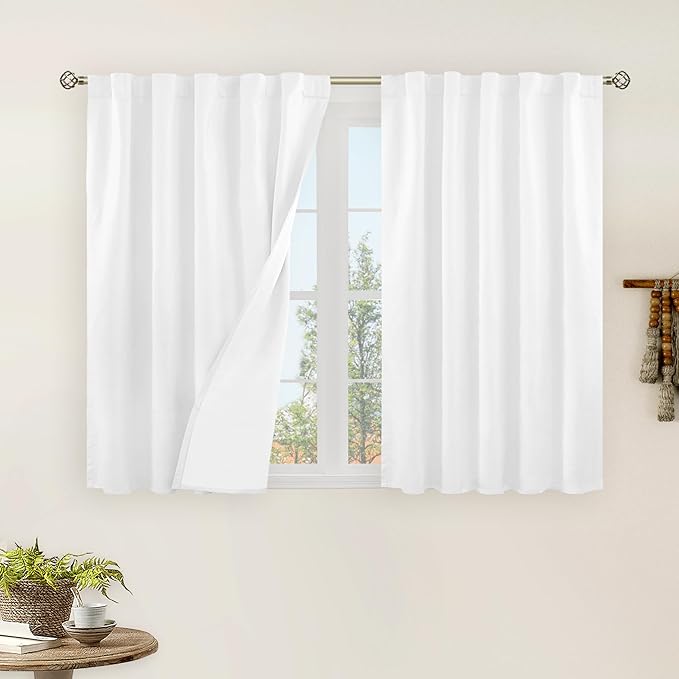 LAMIT 100% Blackout White Linen Curtains, 40 Inches Linen Textured Thermal by LAMIT