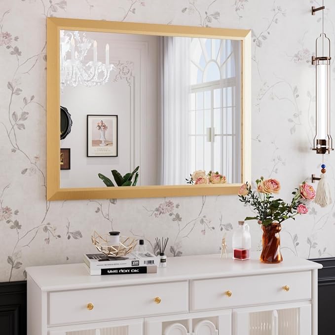 Amorho Bathroom Mirror, 40x32 Inch Gold Thick Metal Framed Wall Mirrors by Amorho