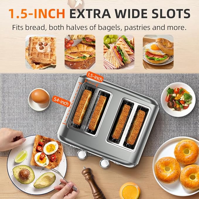 Grey Toaster 4 Slice, Dual Independent Controls, Extra Wide Slot Toasters - Image 6