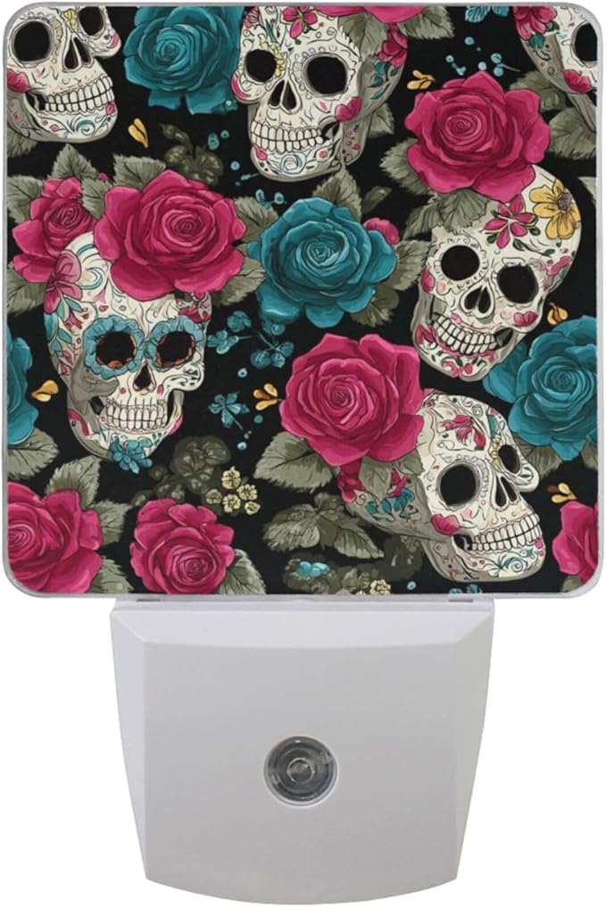 Pigsaly Led Night Light Halloween Sugar Skulls Pink Blue Roses Night Light Plug by Pigsaly
