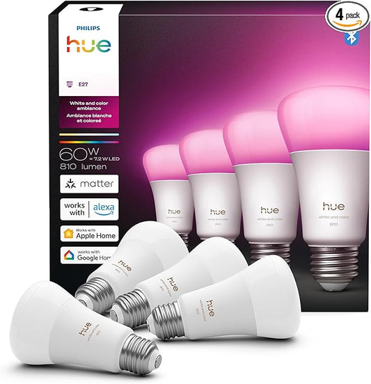 Philips Hue Smart LED A19 Bulb 4-Pack, E26 Base, Full Spectrum Light by PhilipsHue