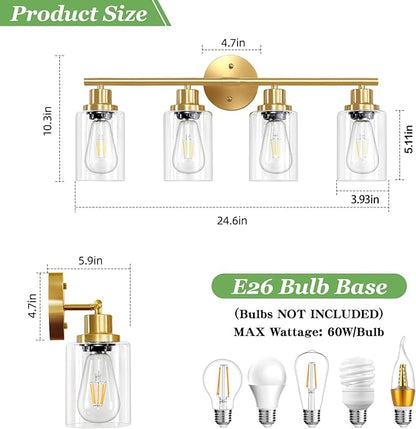 Guliaofo 4-Light Gold Bathroom Light Fixtures, E26 Modern Vanity Lights - Image 2