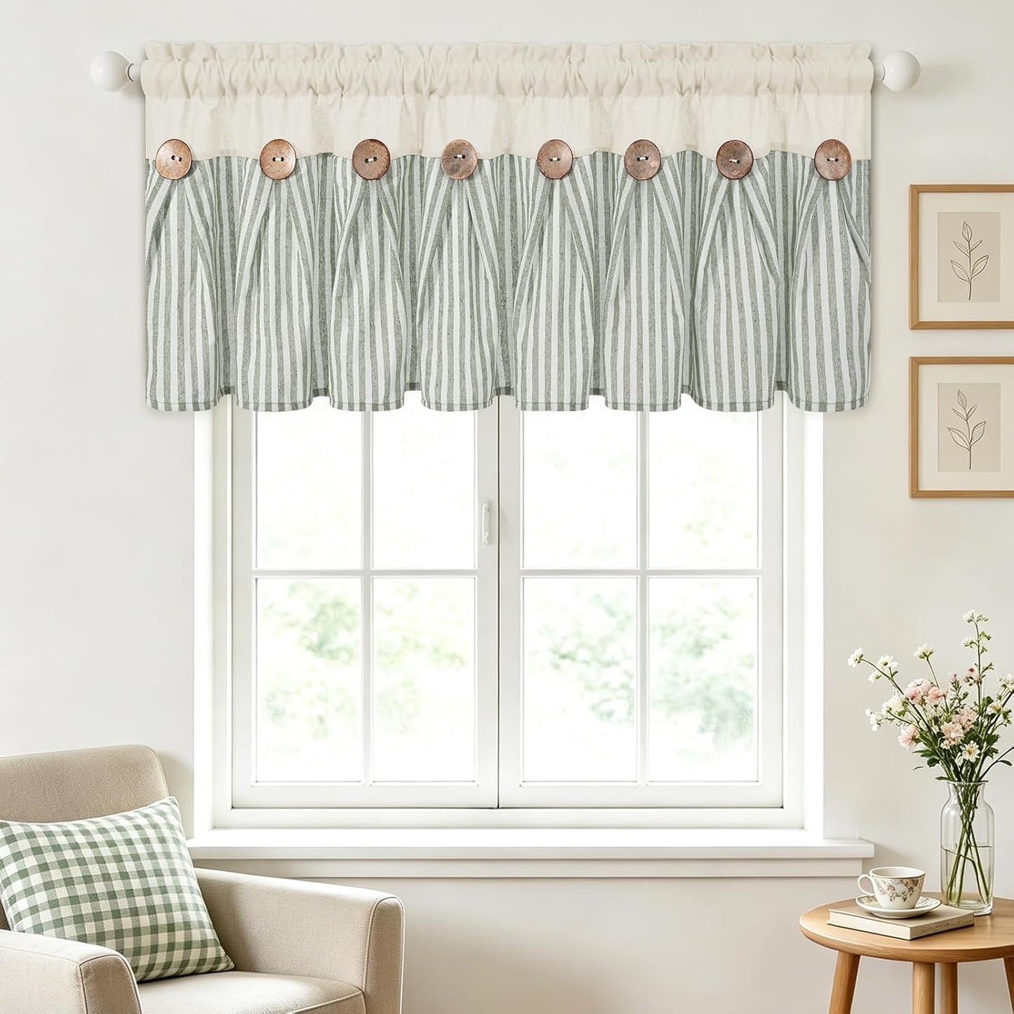 BLEUM CADE Farmhouse Valances for Windows, Cotton Linen Kitchen Curtains Valance, Boho Small Window Curtains for Kitchen, Bathroom, Cafe, Green Stripe Valance with Rustic Buttons, 52 x 18 Inch