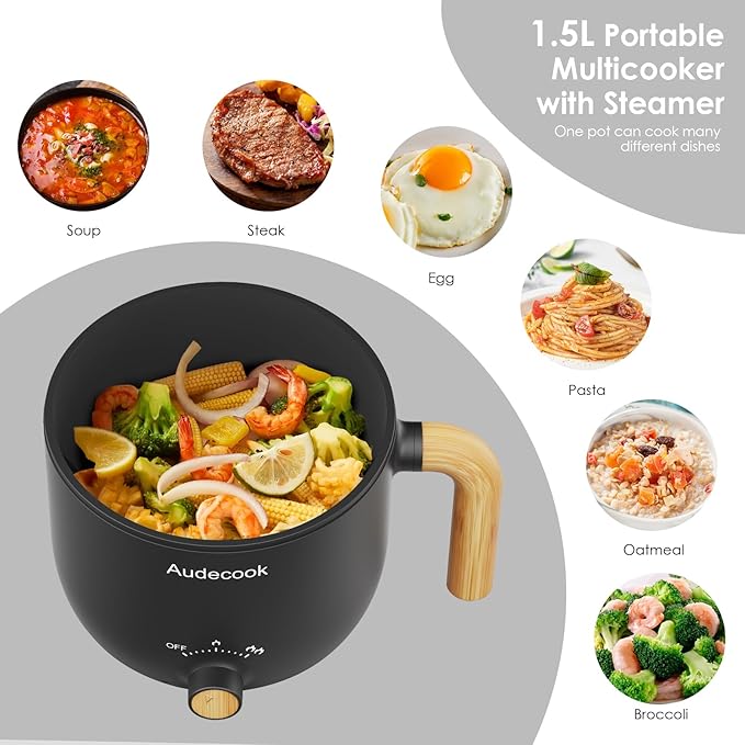 Audecook Hot Pot Electric with Steamer, 1.5L Portable Nonstick Rapid Noodles - Image 2