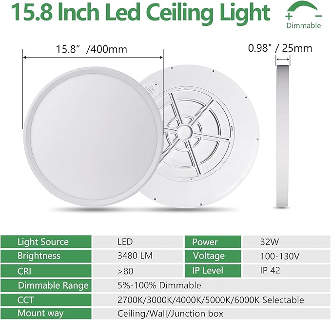 15.8 Inch Dimmable LED Flush Mount Ceiling Light, 3000K/3700K/4000K/5000K/6000K - Image 4