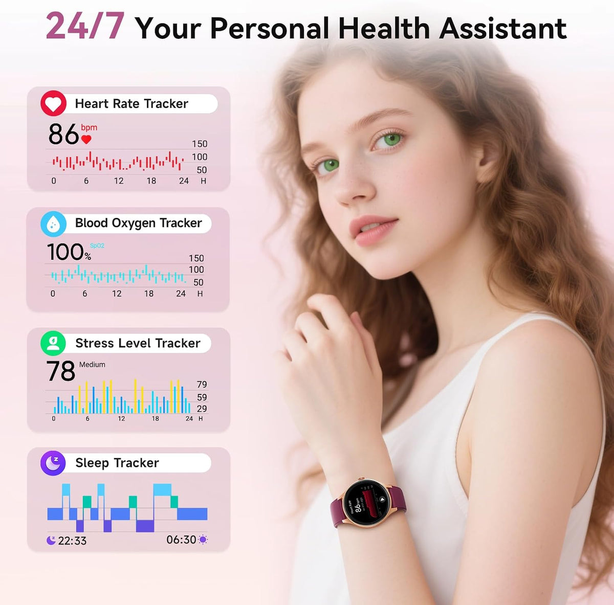 fitpolo smart watch for women, 105+ sports modes, side view