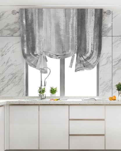 Tie Up Curtains for Windows, Gray Black Ombre Adjustable Balloon Nature Linen Textured Kitchen Curtain, Modern Abstract Art Oil Painting Decorative Tie Up Curtain for Window, 52" x 45"
