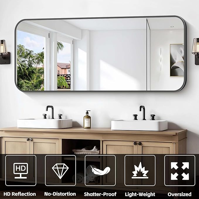 Bathroom Mirror, 60 x 24 inch Metal Framed Black Rectangle Mirror, Rounded - Image 8
