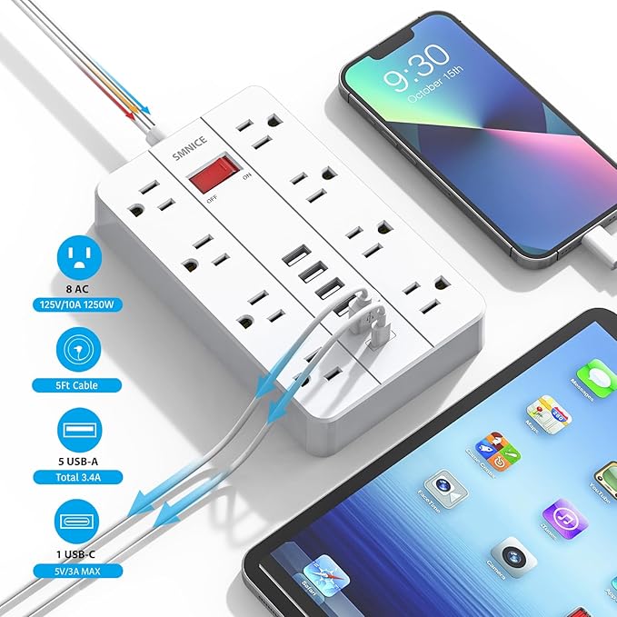 SMNICE Power Strip with USB, Surge Protector Flat Plug with 8 Widely Spaced - Image 3